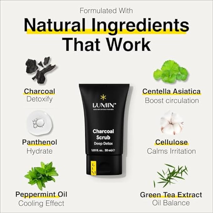 LUMIN - CHARCOAL SCRUB DEEP DETOX FOR MEN - FACE CLEANSER FOR MEN, PRE SHAVE SCRUB, A CHARCOAL FACE EXFOLIATOR THAT REFRESHES & REJUVENATES THE SKIN, SUITABLE FOR ALL SKIN TYPES, 30ML, 2-PACK - Image 2